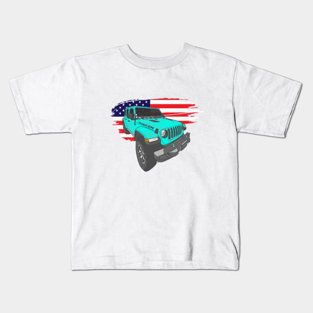 Jeep Wrangler with American Flag - Ocean Blue Kids T-Shirt by 4x4 Sketch
